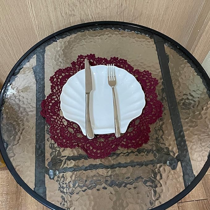 BIBITIME 2PCS 13 inches to 14 inches Cotton Crochet Doilies Kitchen Placemats Round Handmade Knitted Flower Cup Mug Mats Doily Wine Red Coasters