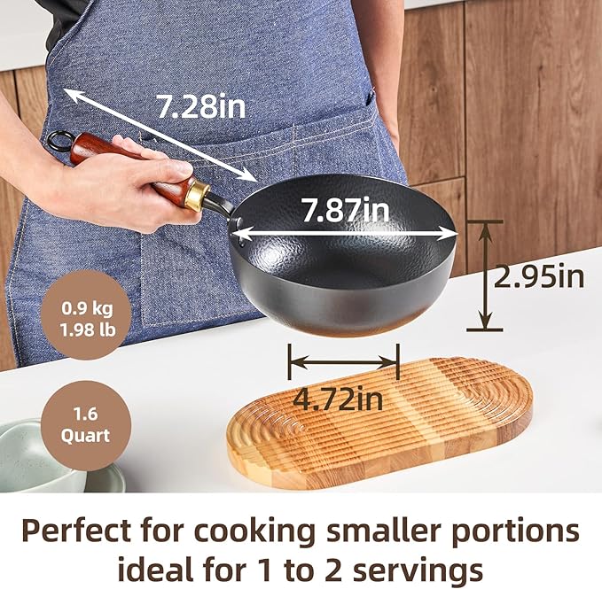 7.8 Inch Small Wok, Cold-Forged Iron Pot with Wooden Lid & Handle, 1.6 QT Sauce Pan for 1-2 Servings, Multipurpose Flat Bottom Wok for Stir-Fry, Pasta & Soup, Induction Compatible