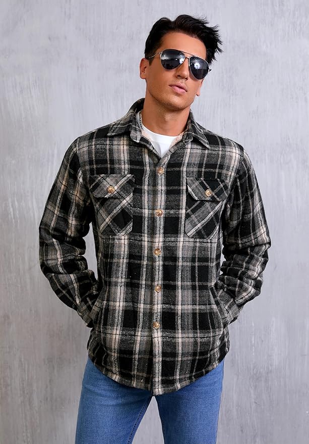 Men's Cotton Sherpa Lined Button Down Flannel Shirt Jacket Plaid Soft Outdoor Flannel Jacket Shirt