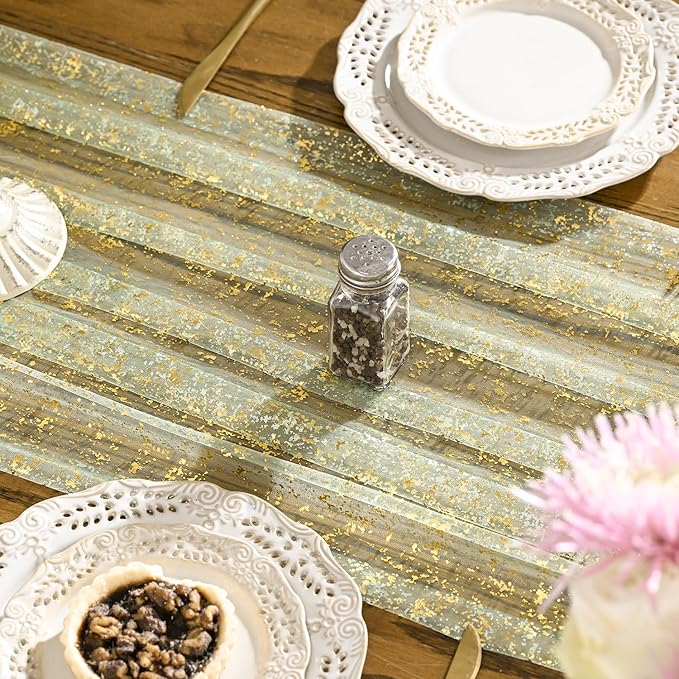 Artoid Mode Sage Green Gold Gauze Table Runner 120 Inch 10FT, Glitter Metallic Foil Sheer Dining Wedding Anniversary Holiday Birthday Table Decor for Home Party