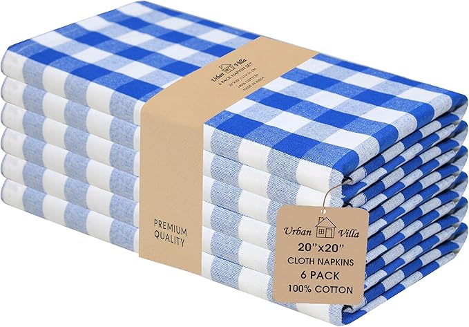 Urban Villa Cotton Dinner Napkins Set of 6, Highly Absorbent 20x20 Inches Premium Cloth Napkins Hotel Quality Reusable & Washable Table Dinner Napkins for Home & Weddings - Blue/White, Checks