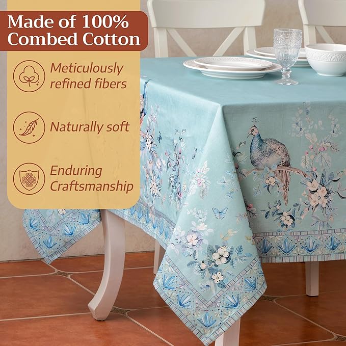 Maison d' Hermine Premium Table Cloth Rectangle Table 100% Combed Cotton 140 x 70 Inches Tablecloth Reusable Decorative for Dining Room Home Party Festive Wedding - Peacock Utopia - Pastel Turquoise