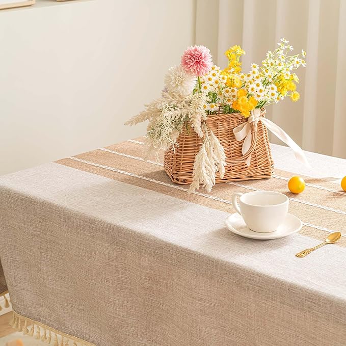 SIELUNO Farmhouse Tablecloth Cotton Linen Waterproof Burlap Table Cloth Rectangle Table Cloths for Kitchen Dinning Tabletop Decoration-Coffee Stripe-Rectangle, 55''x 86'', 6-8 Seats
