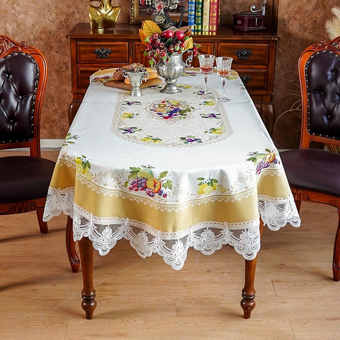 SUTAVIA Lemon Oval Tablecloth with Embroidery Lace Waterproof Table Cloth Elegant Country Table Cover Rustic Decor for Home Holiday Party Kitchen Dining Table Picnic(Yellow, Oval, 52"x70")