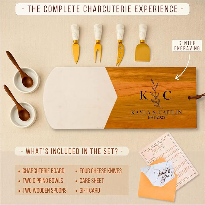 Personalized Charcuterie Board Gift Set – Custom Acacia & Marble Cheese Board with Utensils, Wedding, Housewarming, Couples, Bridal Shower, Engagement, Women, Men, Valentines Day Gifts for Her, Him