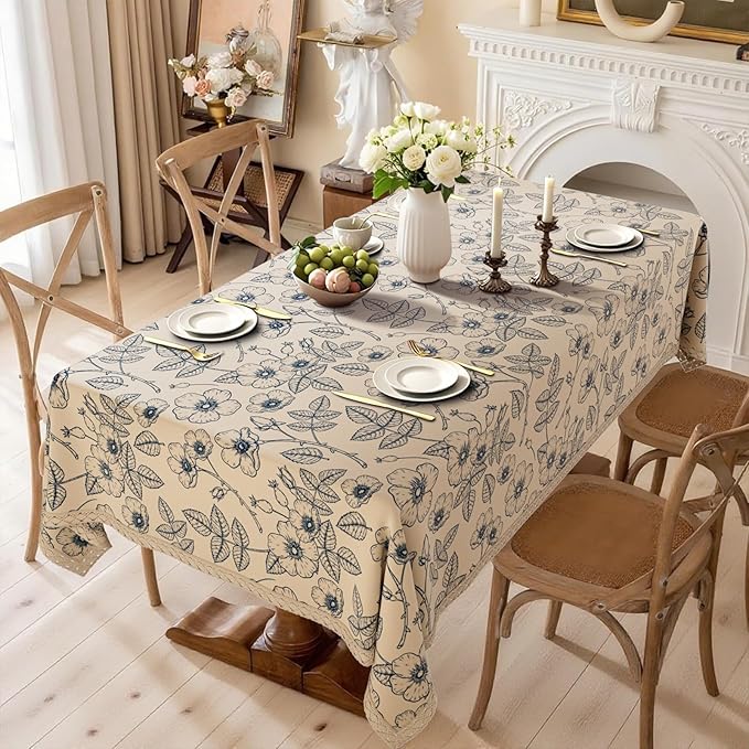 French Vintage Floral Tablecloth Rectangle, Heavy Duty Linen Table Cloth with Blue Flowers and Leaves Pattern, Waterproof Table Cover with lace for Dining Party Holiday, 55''x 70''