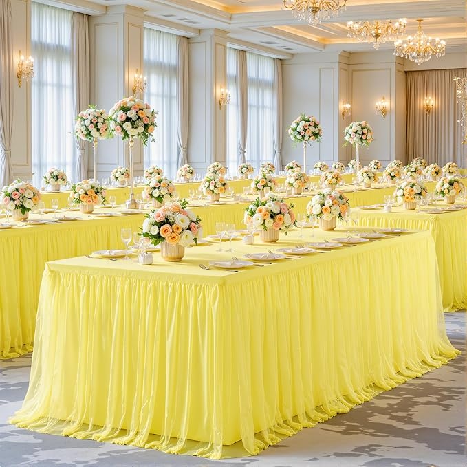 6 Pack Yellow Tulle Tablecloth for 8 Foot Rectangular Tables 8ft Yellow Rectangle Table Cloths Wrinkle Free Table Cover with Tutu Skirt for Birthday Cocktail Banquet Buffet Lemon Fruit Party Decor