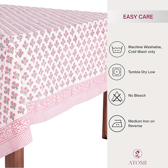 ATOSII Gulbahar White Pink 100% Cotton Fall Rectangle Tablecloth, Hand Block Print Washable Table Cover, Christmas Parties Buffet Dining, Weddings, Thanksgiving, Easter Decor 72 X 140 Inches 12 Seater