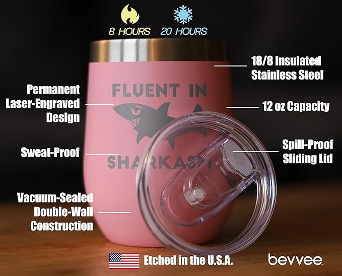 Bevvee Fluent in Sharkasm - Funny Shark Wine Tumbler Glass with Sliding Lid - Stainless Steel Insulated Mug - Cute Shark Decor Gifts - Pink