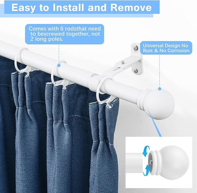 Curtain Rods for Windows 16 to 92 Inches, Curtain Rod Max Adjustable Length of 104 IN, 1" Diameter Drapery Rods Round Finials, White, Pack of 1