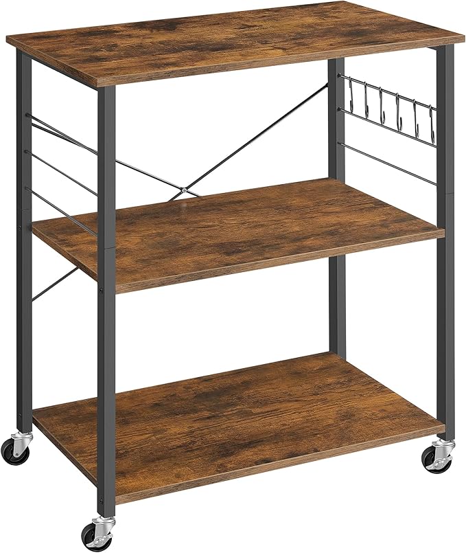 VASAGLE Kitchen Shelf on Wheels, 31.5 Inches Serving Cart with 3 Shelves, Kitchen Cart, Microwave Shelf, for Mini Oven, Toaster, with 6 Hooks, Industrial Style, Rustic Brown and Ink Black UKKS067K01