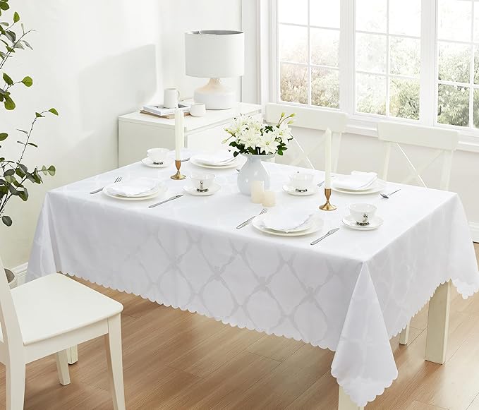 Newbridge Ribbons and Bows Damask Spring & Easter Holiday Fabric Tablecloth, White, 60 x 120 Inch Rectangle, Wrinkle & Stain Resistant Table Cover