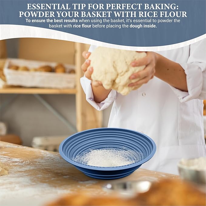 Premium Foldable Silicone Sourdough Banneton Basket | Bread Proofing & Baking Basket Set - Includes Oval & Round Bowls (9.5 Inch) - Oven & Dishwasher Safe, Gifts for Bakers - Blue