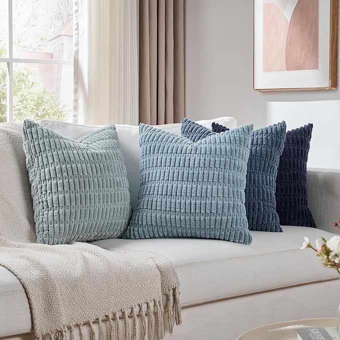 Fancy Homi Set of 4 Blue Decorative Throw Pillow Covers 12x12 Inch for Couch Bed Chair, Modern Farmhouse Boho Room Decor, Soft Fuzzy Corduroy Textured Striped Coastal Blue Cushion Case 30cm