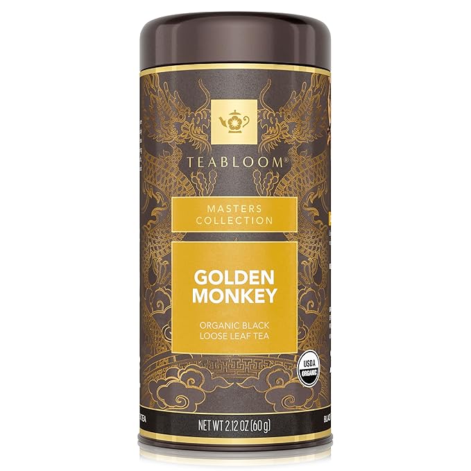 Teabloom Organic Golden Monkey Loose Leaf Tea, USDA Certified Organic Black Tea, Lingering Aroma with Smooth and Malty Flavor, 2.12 Ounce Loose Leaf Tea Canister Makes 35-50 Cups