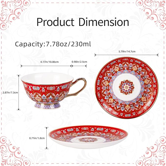 KAMMAK Tea Cups and Saucers Set of 2, Porcelain Coffee Cups with Saucer for Espresso, Cappuccino, 8oz Vintage Red and Blue Ceramic Novelty Mug for Home, Tea Party, Office
