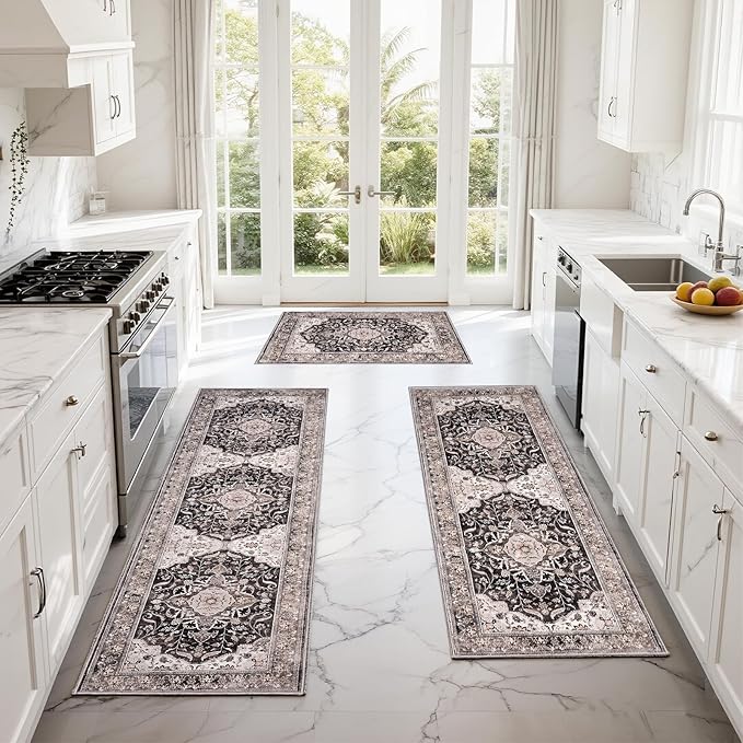 Kitchen Rug Set 3Pcs, Boho Rug Sets Non Slip Washable for Floor Thick Farmhouse Kitchen Decor Runner Rugs for Kitchen, Entryway，Laundry, Hallways 20''x32''+20''x48''+20''x59