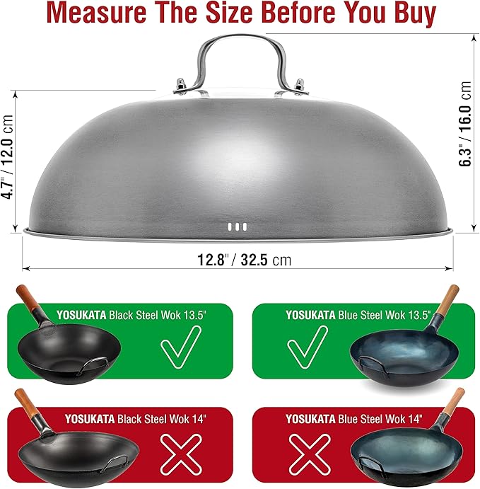 YOSUKATA Carbon Steel Wok Pan – 13,5 “ Woks and Stir Fry Pans + Wok Lid 12.8 Inch - Premium Stainless Wok Cover with Tempered Glass Insert Steam Holes and Ergonomic Handle
