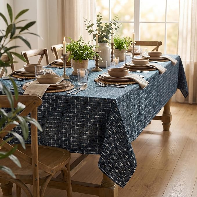 Horaldaily Navy Blue Rectangular Table Cloth, Cross-Star Solid Textured Embroidery Tablecloth, Wrinkle Free Washable 60×140 Inch Table Cover for Kitchen, Party, Wedding, Picnic, Outdoor