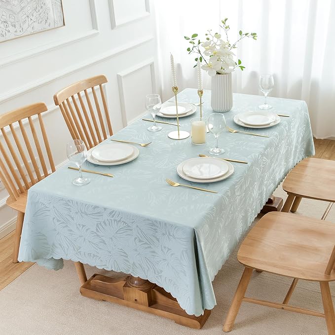 Table Cloth for Rectangle Table,Summer Tablecloth Waterproof Wrinkle Free Leaves Soft Jacquard Fabric Cover for Kitchen Dinning Outdoor Birthday Party Banquet Decor (Aqua,60x102In)