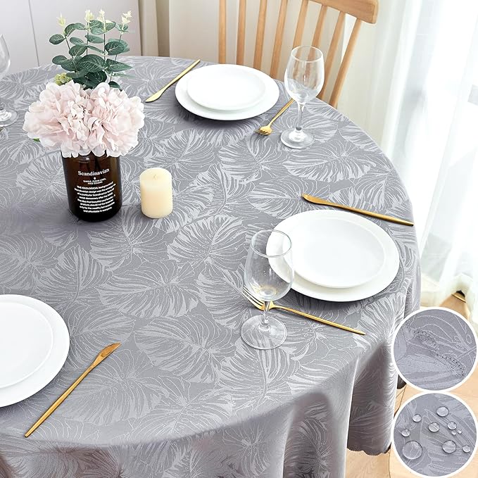 Jacquard Round Tablecloth 60 Inch Grey Table cloth Leaves Pattern Scalloped Edge Silky Soft Waterproof Wrinkle Resistant Washable Table Cover for Dining Tabletop Party Banquet Patio Decoration