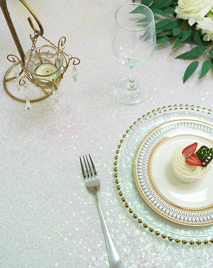 Eternal Beauty White Iridescent Tablecloth, 120 Inch Round Sequin Tablecloth for Party Cake Dessert Table Exhibition Events