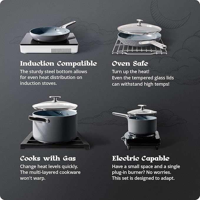 Premium Non-Toxic Ceramic Cookware Set – Triple-Layer Nonstick 12 Piece Pots and Pans with Lids, PFAS-Free, Oven Safe for Healthy Meals, Space-Saving Design, Midnight Gray Color | Greater Goods