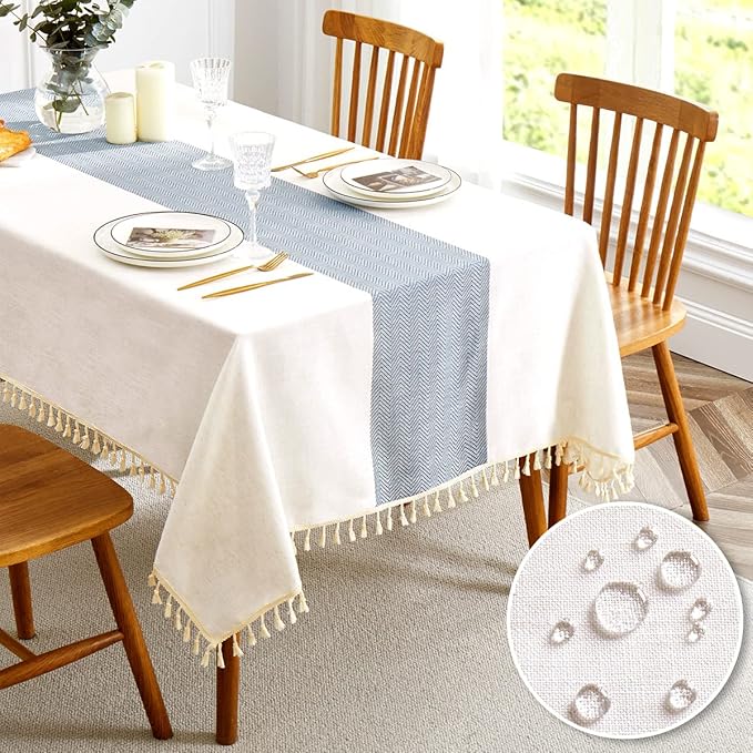 QIANQUHUI Embroidered Tablecloth for Dining, Rustic Farmhouse Kitchen Table Cloth Blue, Dust Proof Spillproof Soil Resistant Cotton Linen Rectangle TableCloths（Sky Blue,55x55 inches）