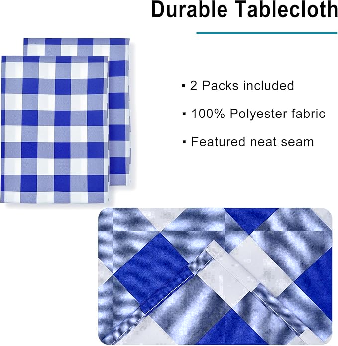 Hiasan Checkered Rectangle Tablecloth Waterproof, 2 Pack, 54 x 80 inch - Buffalo Plaid Table Cloth for Outdoor Picnic/Spring Party/Dining, Royal Blue and White