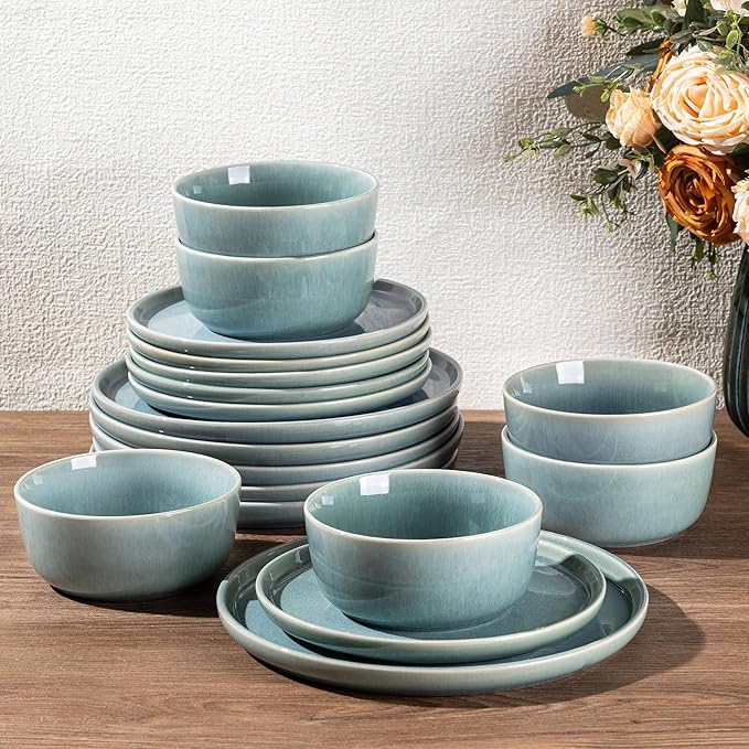GBHOME Ceramic Dinnerware Sets for 4, 12 Pieces Stoneware Plates and Bowls Sets, Scratch Resistant Dishes, Dishwasher & Microwave Safe, Reactive Glaze-Malachite Green