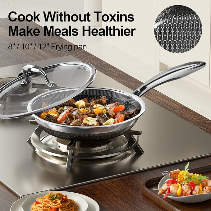 Fogdream 10“11” Non Stick Frying Pans, Stainless Steel Skillet with Lid, Tri-Ply Stainless Steel for All Cooktops, Dishwasher and Oven-Safe Cooking Pan, Stay-Cool Handle, Silver