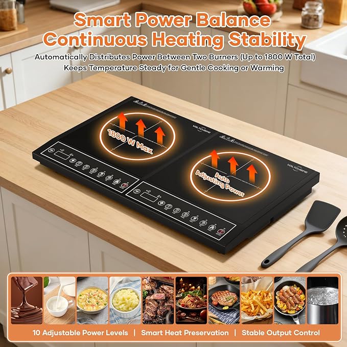 24 Inch Double Induction Cooktop, Button Control, 1800W Power Sharing, Low Power Continuous Heating, Portable Countertop Electric Cooker
