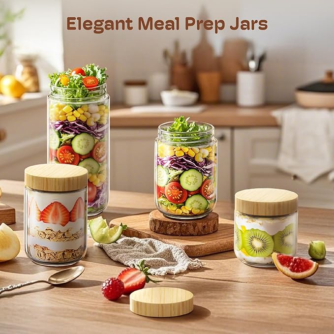 2 Pack 16oz Overnight Oats Containers with Bamboo Lids, Glass Jars with Airtight Lids for Meal Prep, Wide Mouth Mason Salad Jars, Glass Food Storage Container for Yogurt Chia Snacks Spice Sugar