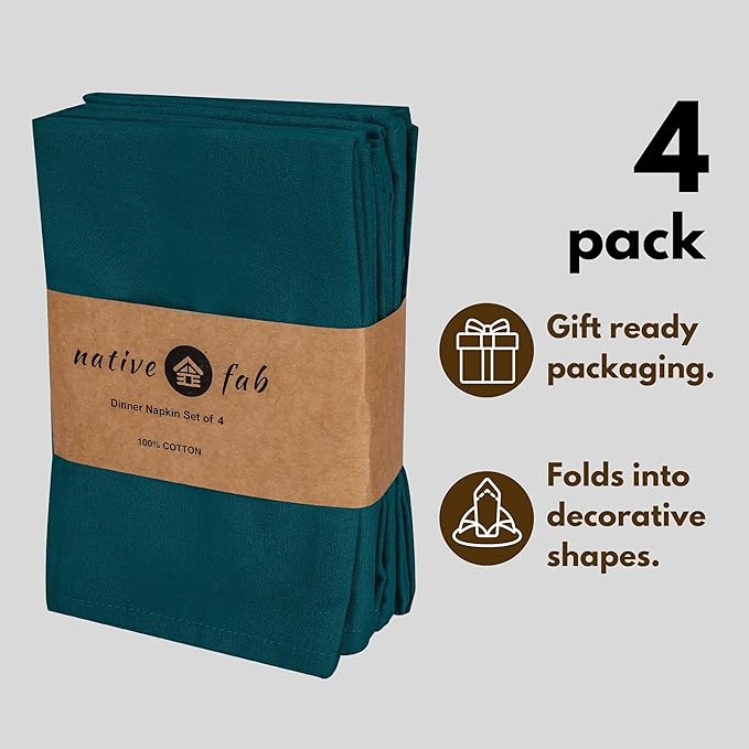 Native Fab Solid Cloth Napkin Set of 4, 100% Cotton, Washable, Reusable Dinner Cloth Napkin 17x17 inches, Table Decor Napkins for Dinner, Events, Teal Green