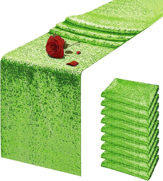 10 Packs 12 x 72 inches Green Sequin Table Runner, Glitter Runner for Birthday Party Supplies Wedding Holiday Celebration Baby Shower Engagement Anniversary Decor
