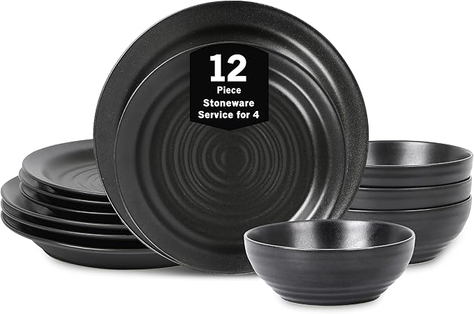 Stone Lain Orbit 12-Piece Dinnerware Set Stoneware, Charcoal