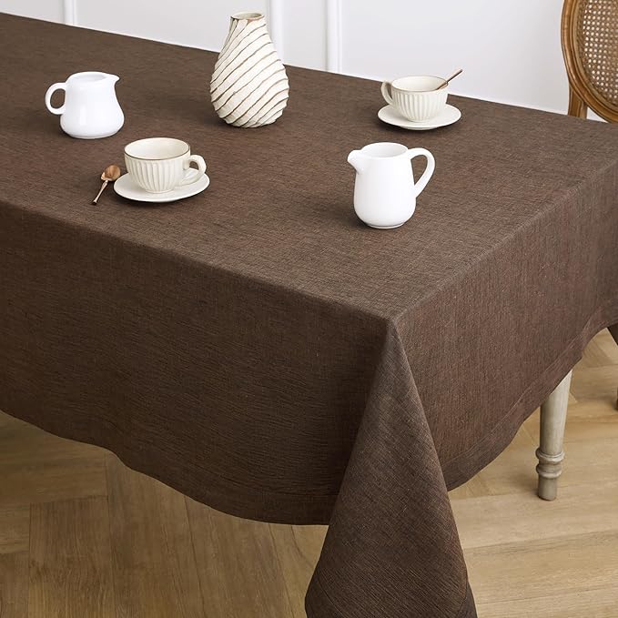 Solino Home Linen Tablecloth 54 x 72 Inch - 100% Pure Linen Chambray Brown Table Cloth for Rectangular Tables - Athena, Machine Washable Cloth Tablecloth