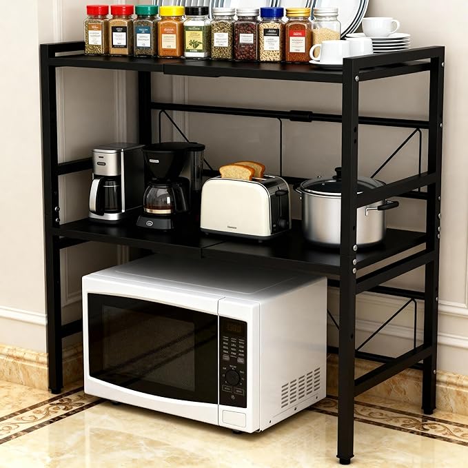 Microwave Oven Rack, Microwave Shelf Expandable Microwave Stand Countertop Kitchen Utensils, Bakers Rack, Carbon Steel Over Microwave Shelf Countertop with 6 Hooks(Black, 3 Tier)