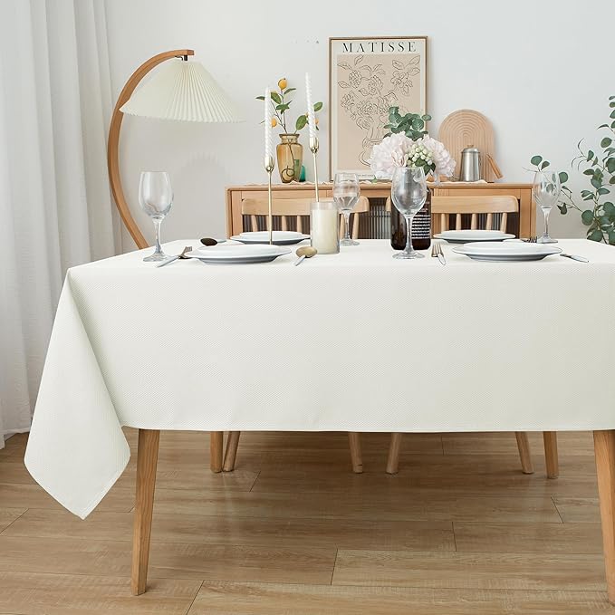 Biscaynebay Textured Fabric Tablecloths 52x70 Inches Rectangular, Ivory Water Resistant Tablecloths for Dining, Kitchen, Wedding, Parties etc. Machine Washable