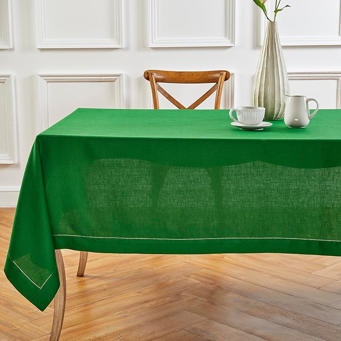 Solino Home Garden Green Linen Tablecloth 60 x 144 Inch - 100% Pure Linen Hemstitch Table Cloth for Rectangle Tables - Classic Hemstitch, Washable Tablecloth for Winter, St Patricks Day, Easter