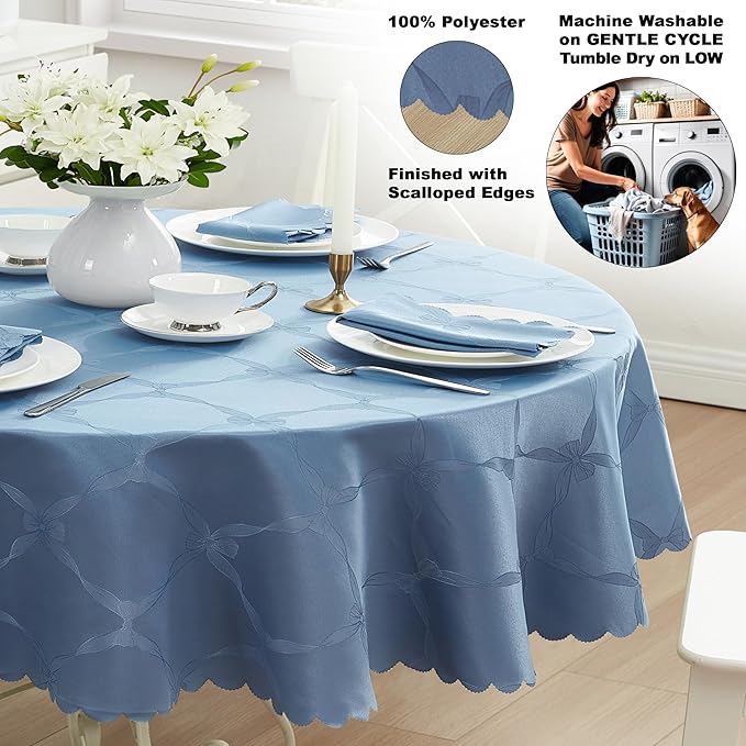 Newbridge Ribbons and Bows Damask Spring & Easter Holiday Fabric Tablecloth, Blue, 60 x 102 Inch Oval, Wrinkle & Stain Resistant Table Cover