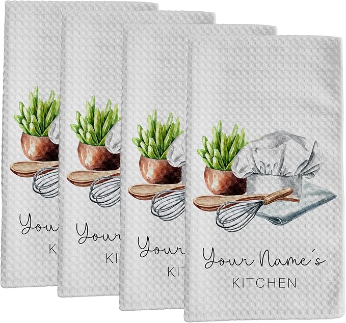 Personalized Kitchen Towel | Custom Tea Towel | Watercolor Utensil Dish Towel | Kitchen Decor | Hand Towel Gift Set | Waffle Weave Dishcloth (Pack of 4 Towels, Design 4)