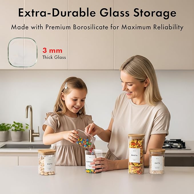 Square Glass Storage Containers with Bamboo Lids 12-Pack (4x 30 oz, 8x 17 oz) Airtight Storage Jars with Lids for Food, Stackable Kitchen Canisters with 114 Labels for Pantry [Thicker Glass 3mm]