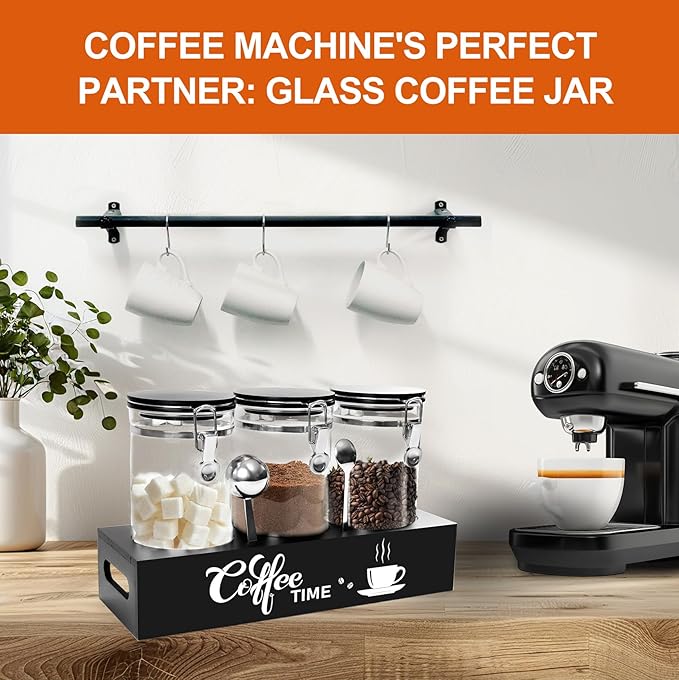 OARSE 3 PCS Glass Coffee Container with Wooden Shelf,3 x 54 oz Glass Coffee Bean Storage Container with Airtight Locking Clamp Lid Spoons Coffee Canister Set,Jars for Coffee Beans,Nuts,Tea,Sugar