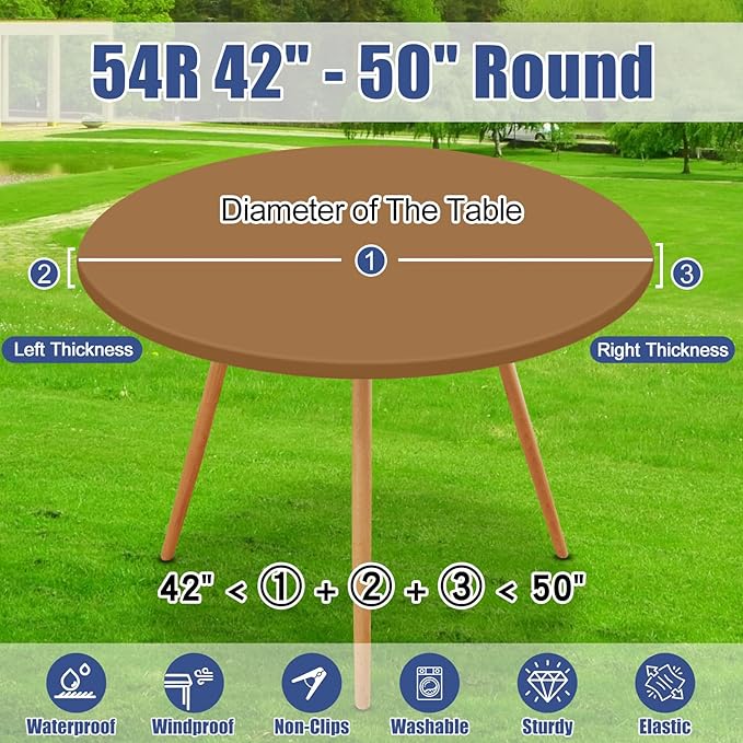 Round Spandex Tablecloth, Elastic Fitted Waterproof Tablecloths for 42"-50" Tables, Stretch Washable Picnic Table Cover for Camping, Dining, Indoor and Outdoor,Brown