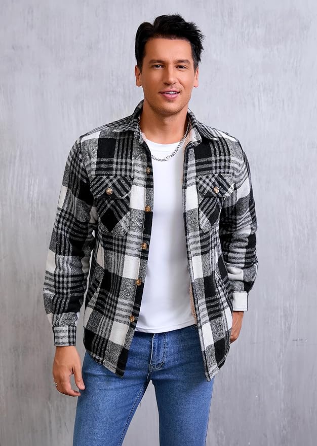 Men's Cotton Sherpa Lined Button Down Flannel Shirt Jacket Plaid Soft Outdoor Flannel Jacket Shirt