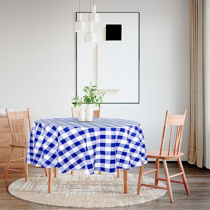 Hiasan Checkered Round Tablecloth 45 Inch - Waterproof Stain and Wrinkle Resistant Washable Fabric Table Cloth for Dining Room Party Outdoor Picnic, Royal Blue and White