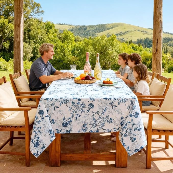 H.VERSAILTEX Linen Table Cloths Floral Printed Tablecloth Spill-Proof Waterproof Table Cover for Dining Buffet Feature Soft and Thick Fabric Wrinkle Free, 60 x 84 Inch, Retro Floral - Stone Blue