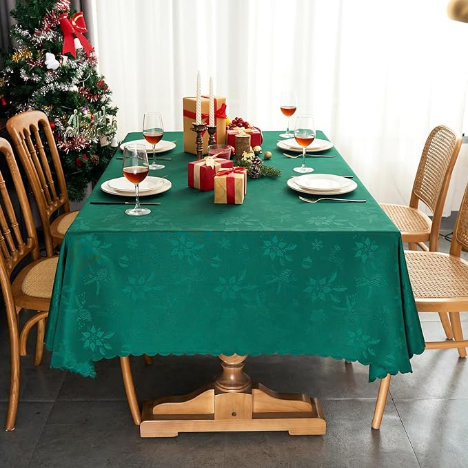 New Year Christmas Rectangle Tablecloth Blackish Green Jacquard Fabric Table Cloth Waterproof Washable Decorative Soft Table Cover for Kitchen Dining Holiday Party Decor (60X120 in)