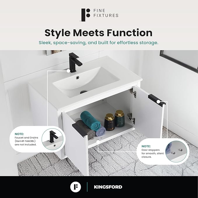 Fine Fixtures Kingsford Modern 30 Inch Bathroom Vanity with Sink, White Finish, Elegant Bathroom Vanities for Modern Homes, Stylish Storage Solutions for Bathrooms